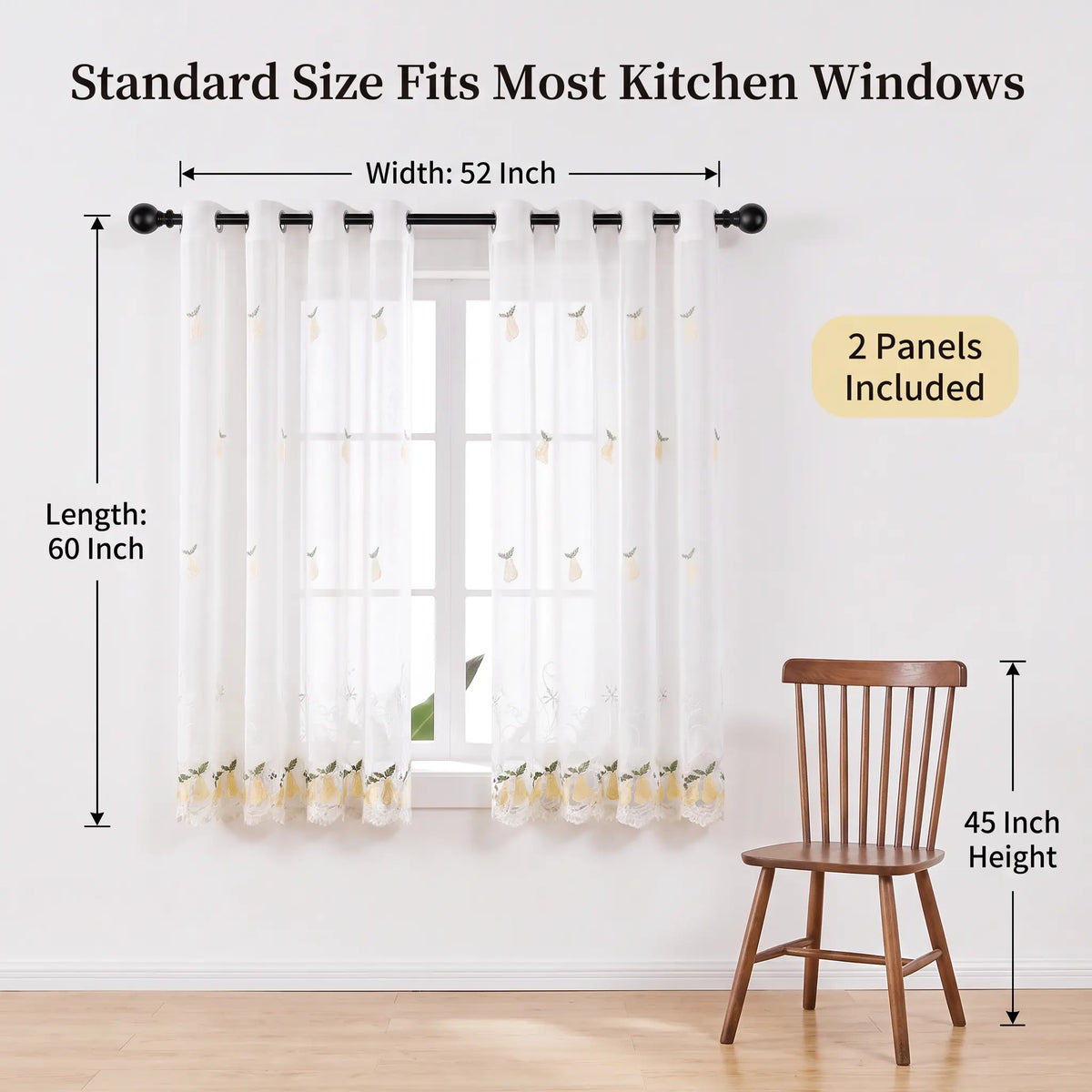 Lace Embroidered Fruit Sheer Curtains 52" × 60" | Set of 2 Faux Linen Café Panels, Grommet Top | Six Motifs