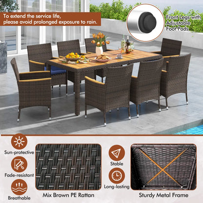 Costway - 9 Piece Outdoor Dining Set with Acacia Wood Table Top-Navy