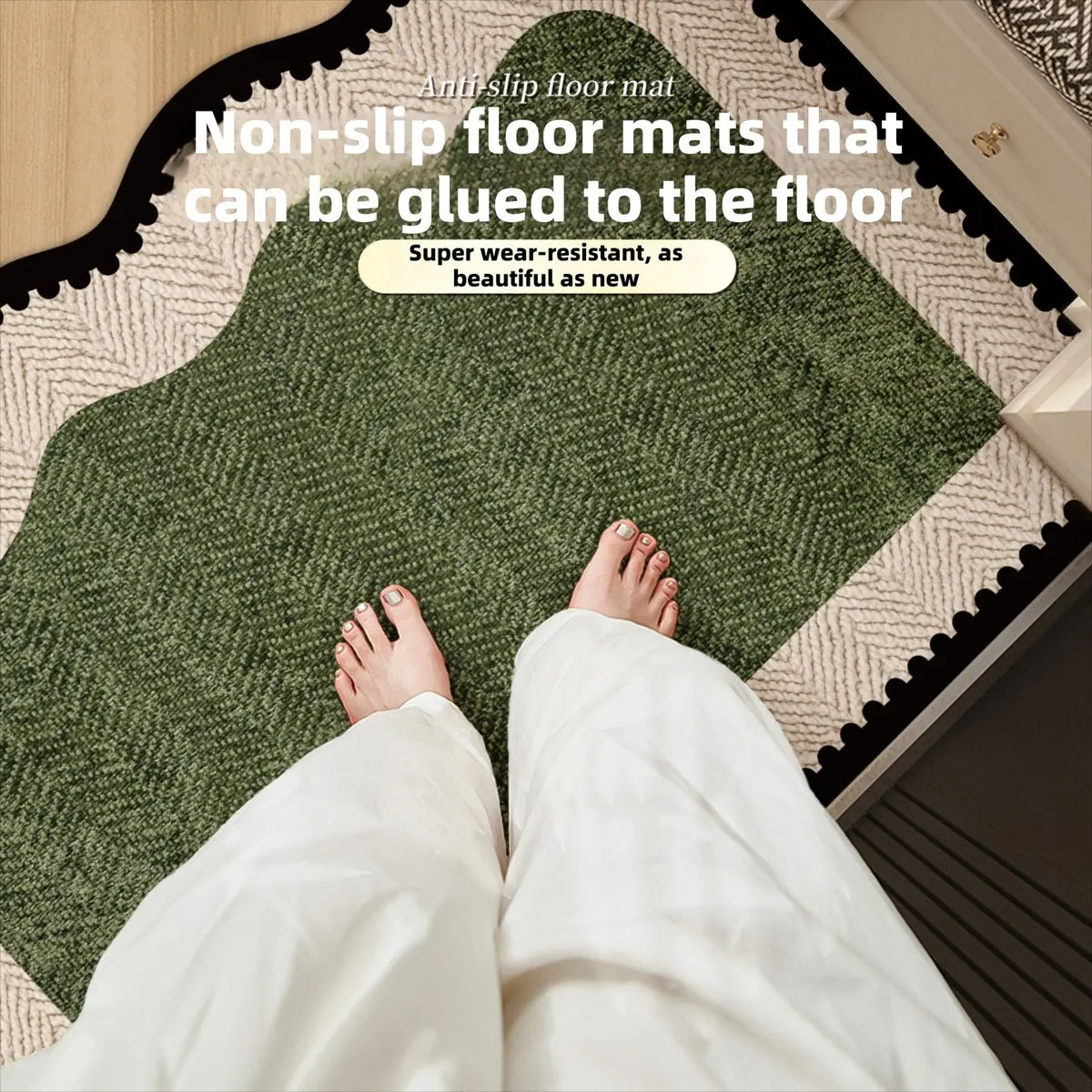Nordic Soft Dense Pile Door Mat | Non-Slip Washable Entryway & Kitchen Mat | Scalloped or Rectangular in Green & Light Brown