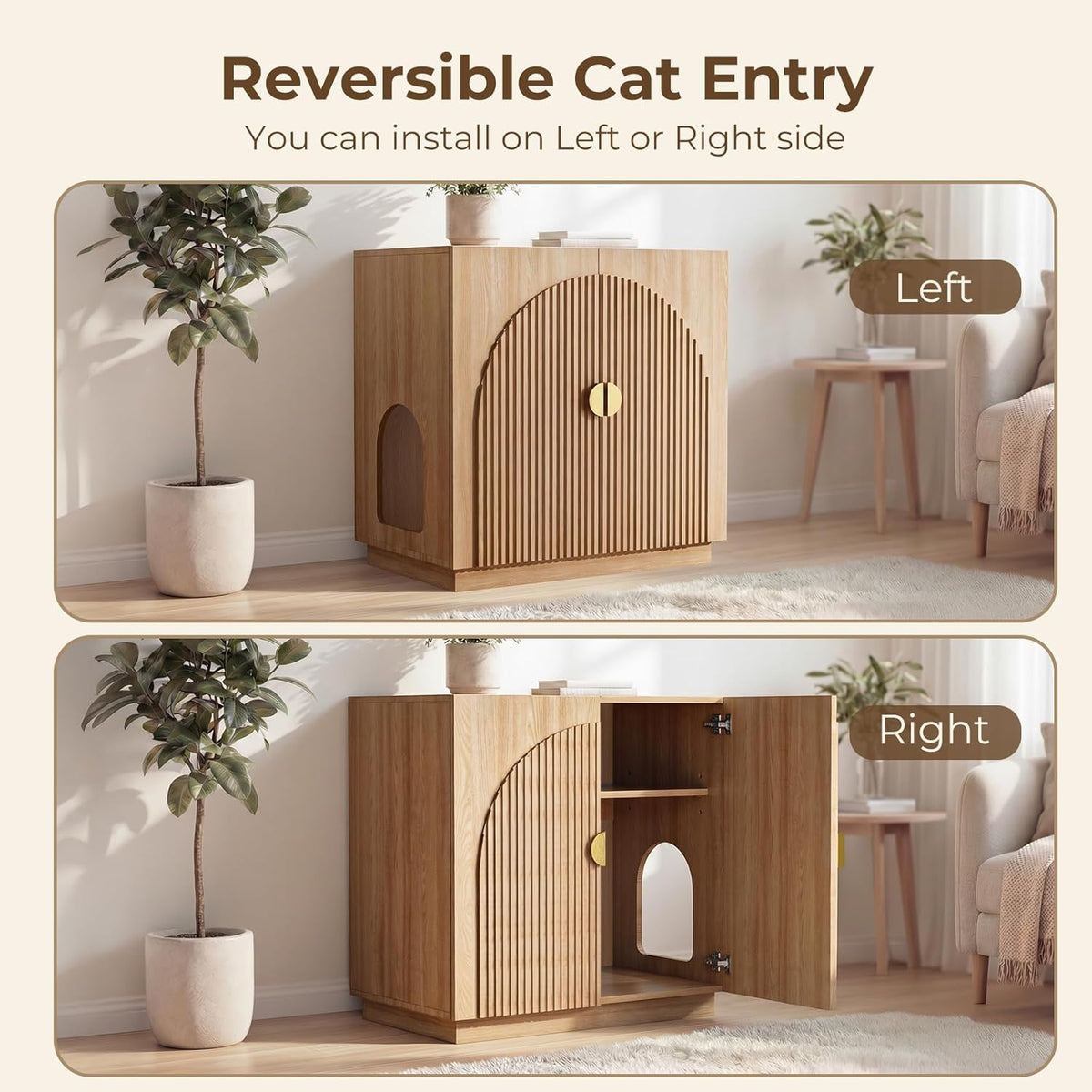 Large Cat Litter Box Enclosure with Storage - Fluted Design and Adjustable Features in Natural Finish