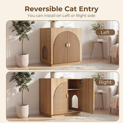 Large Cat Litter Box Enclosure with Storage - Fluted Design and Adjustable Features in Natural Finish
