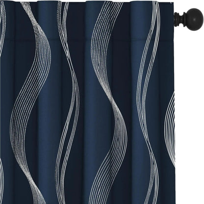 Transform Your Space with Deconovo Silver Print Wave Striped Blackout Curtains - 2 Panels of Thermal Insulated, Soundproof Elegance for Your Living Room or Bedroom