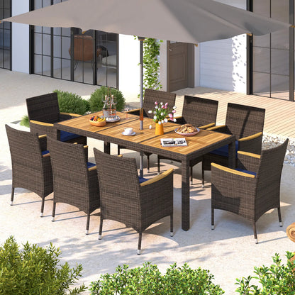 Costway - 9 Piece Outdoor Dining Set with Acacia Wood Table Top-Navy