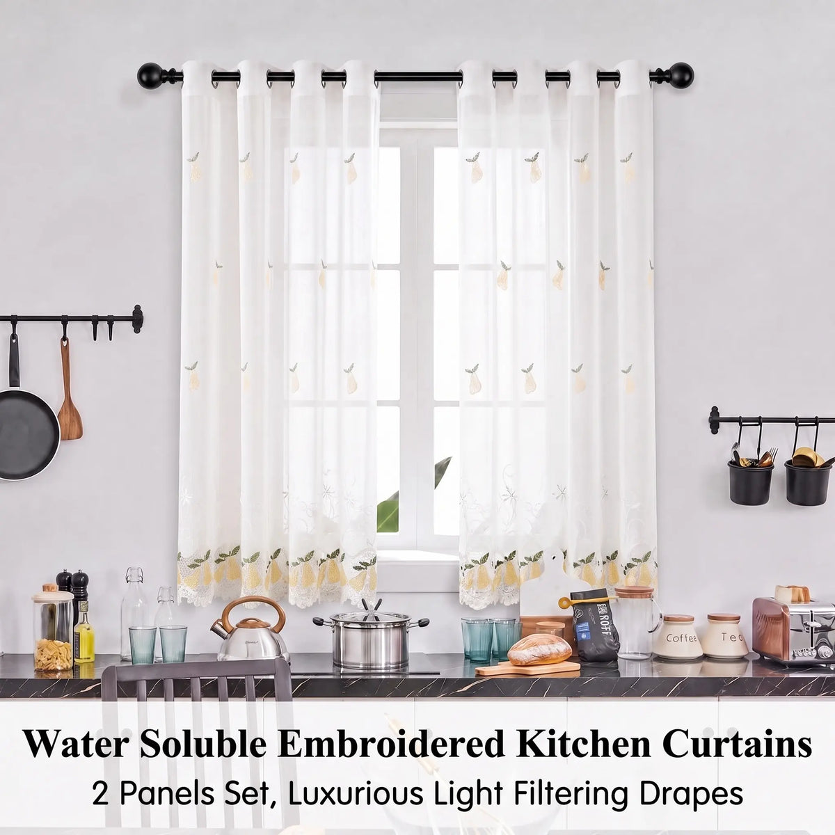 Lace Embroidered Fruit Sheer Curtains 52" × 60" | Set of 2 Faux Linen Café Panels, Grommet Top | Six Motifs