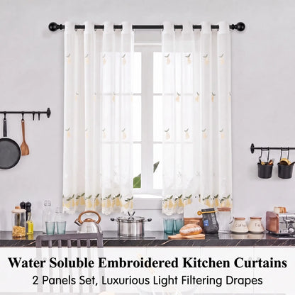 Lace Embroidered Fruit Sheer Curtains 52" × 60" | Set of 2 Faux Linen Café Panels, Grommet Top | Six Motifs