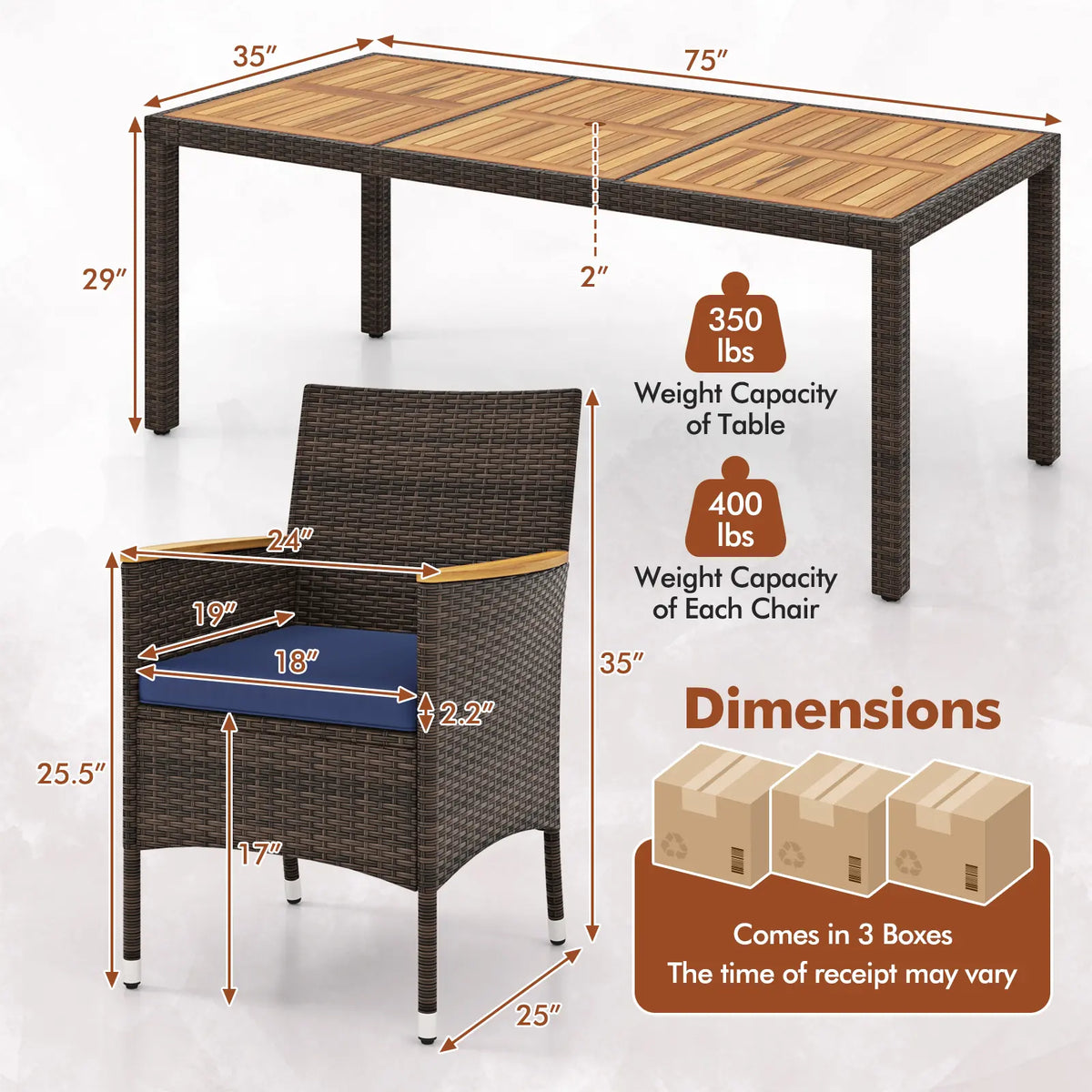 Costway - 9 Piece Outdoor Dining Set with Acacia Wood Table Top-Navy