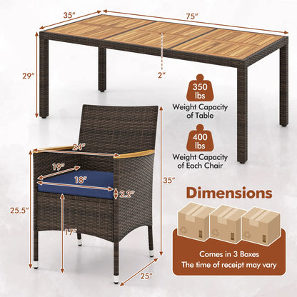 Costway - 9 Piece Outdoor Dining Set with Acacia Wood Table Top-Navy
