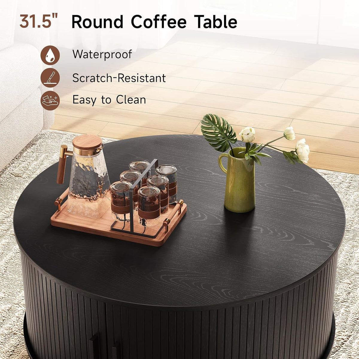 31.5" Round Black Coffee Table with Fluted Design