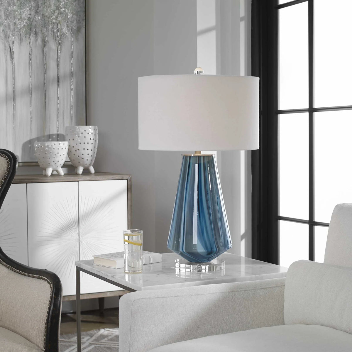 Teal-Gray Glass Table Lamp