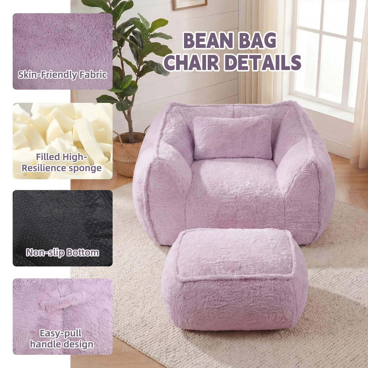 Fluffy Faux Fur Bean Bag Lounger with Ottoman