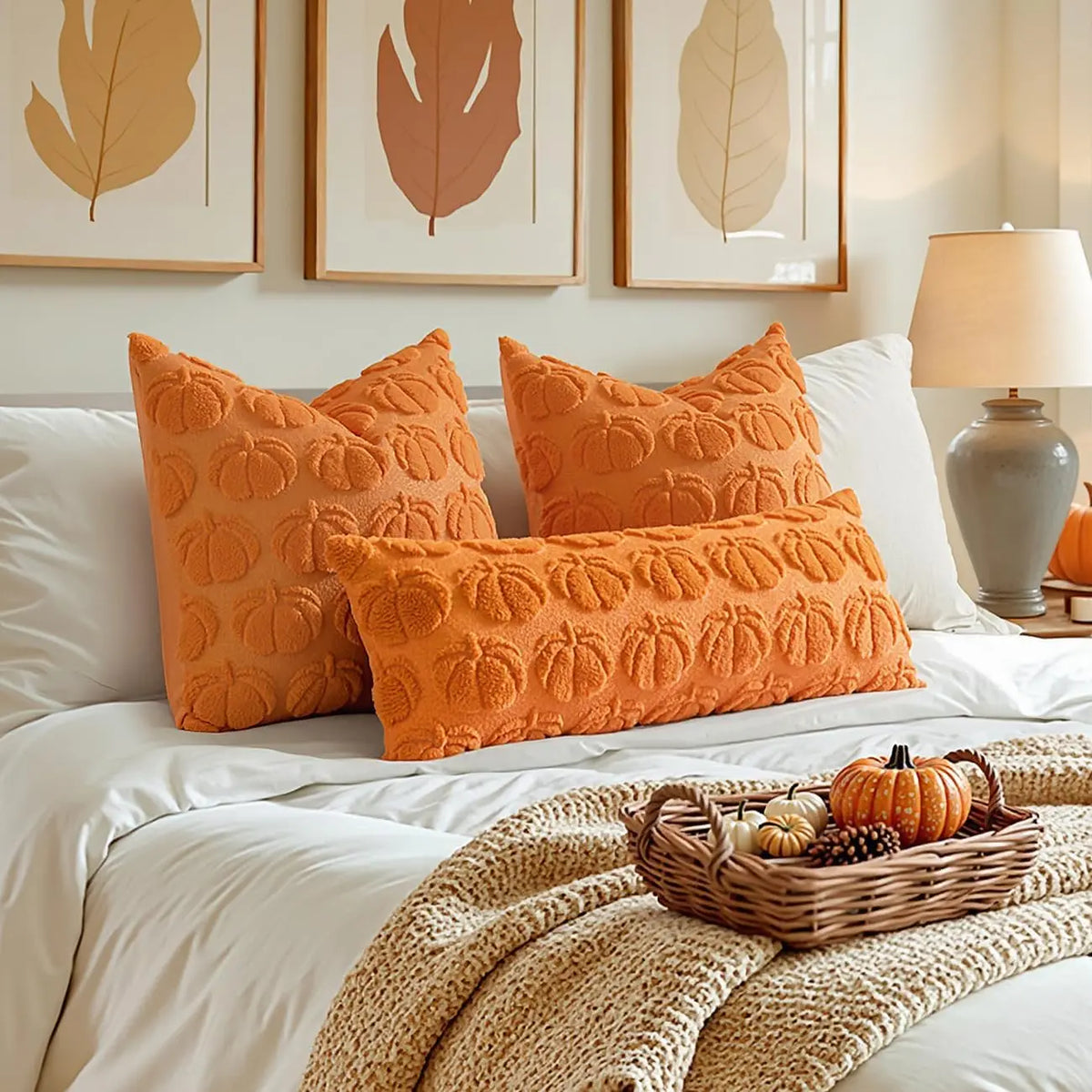 Set of 2 Fall Throw Pillow Covers 18X18 Pumpkin Design – Autumn Decor for Sofa, Couch & Porch