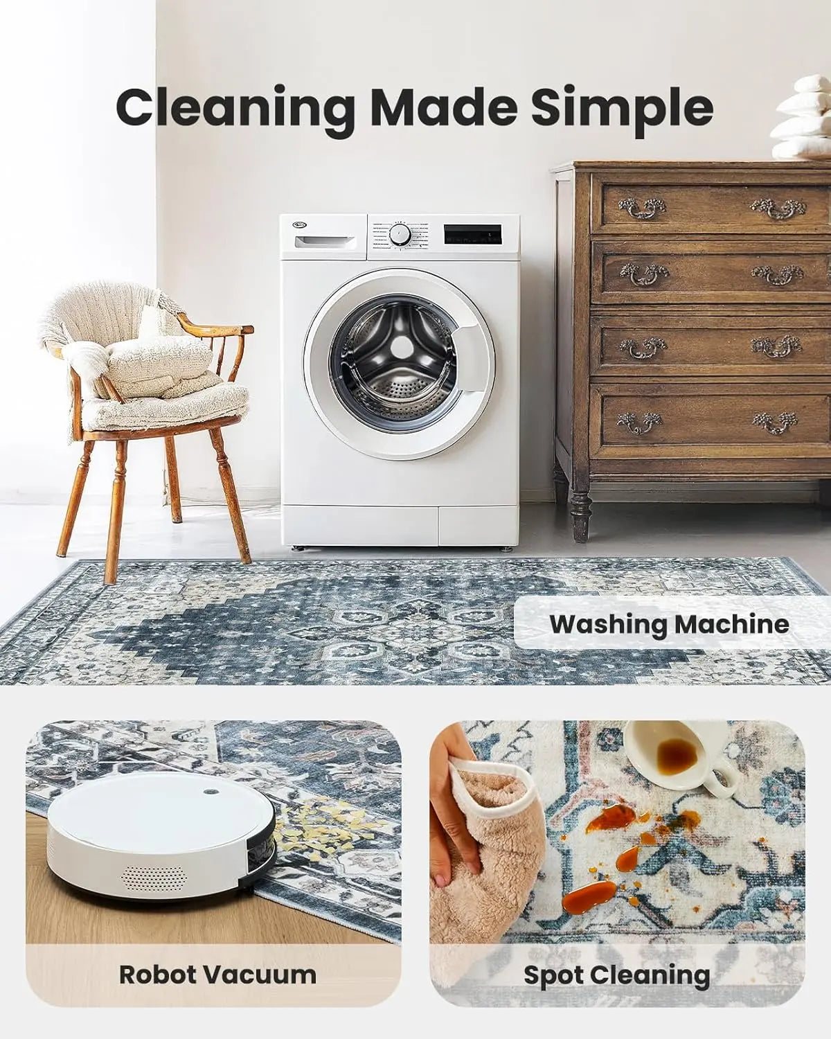 Homefurnishing 8X10 Washable Vintage Floral Area Rug - Non-Slip Backing & Durable Edge Binding for Living Room, Bedroom & Dining Room