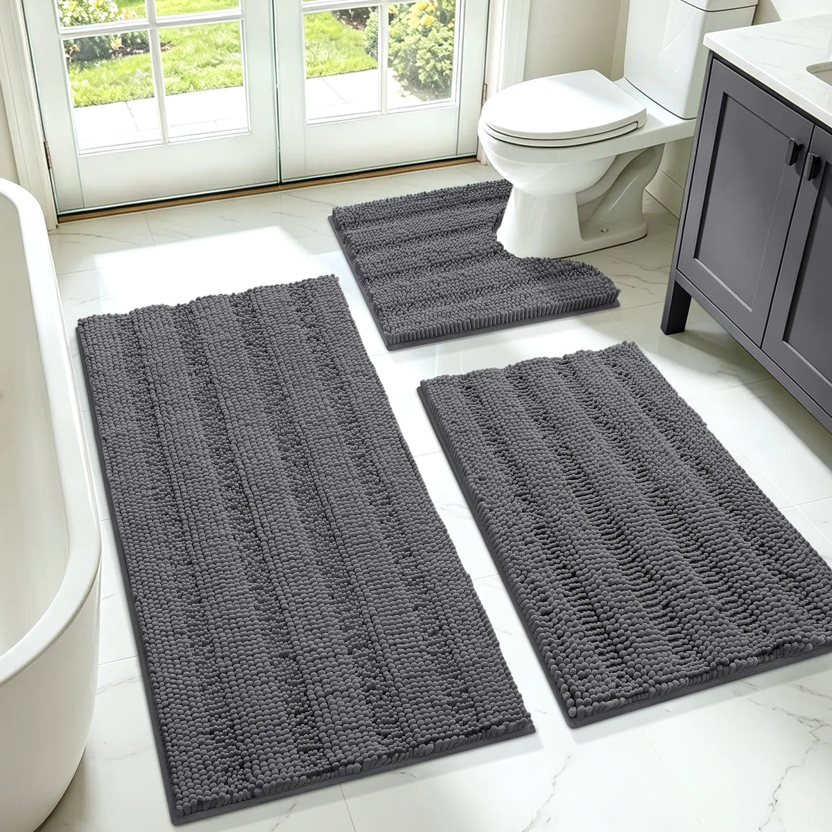 Accumtek Soft Striped Chenille Bath Rug Set - 3 Plush, Non-Slip Mats for Comfort and Style