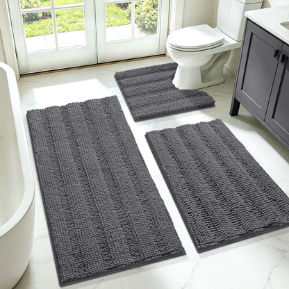 Accumtek Soft Striped Chenille Bath Rug Set - 3 Plush, Non-Slip Mats for Comfort and Style