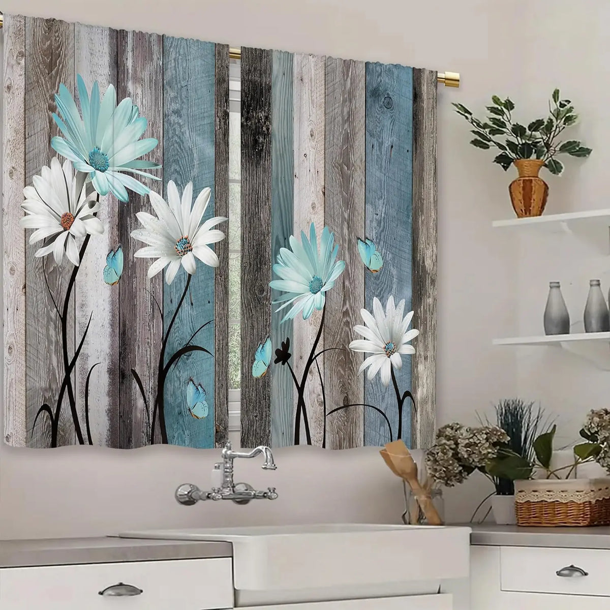 Teal Farmhouse Daisy Kitchen Curtains - Rustic Floral Butterfly Short Cafe Drapes for Country Homes (2 Panels, 27.5x39 Inch)