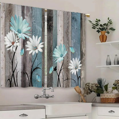 Teal Farmhouse Daisy Kitchen Curtains - Rustic Floral Butterfly Short Cafe Drapes for Country Homes (2 Panels, 27.5x39 Inch)