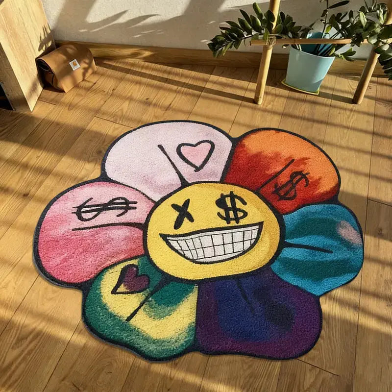 Charming Round Floral Smiling Face Rug - Gothic Decorative Velvet Mat for Living Room, Bedroom & More - Perfect Christmas Gift!