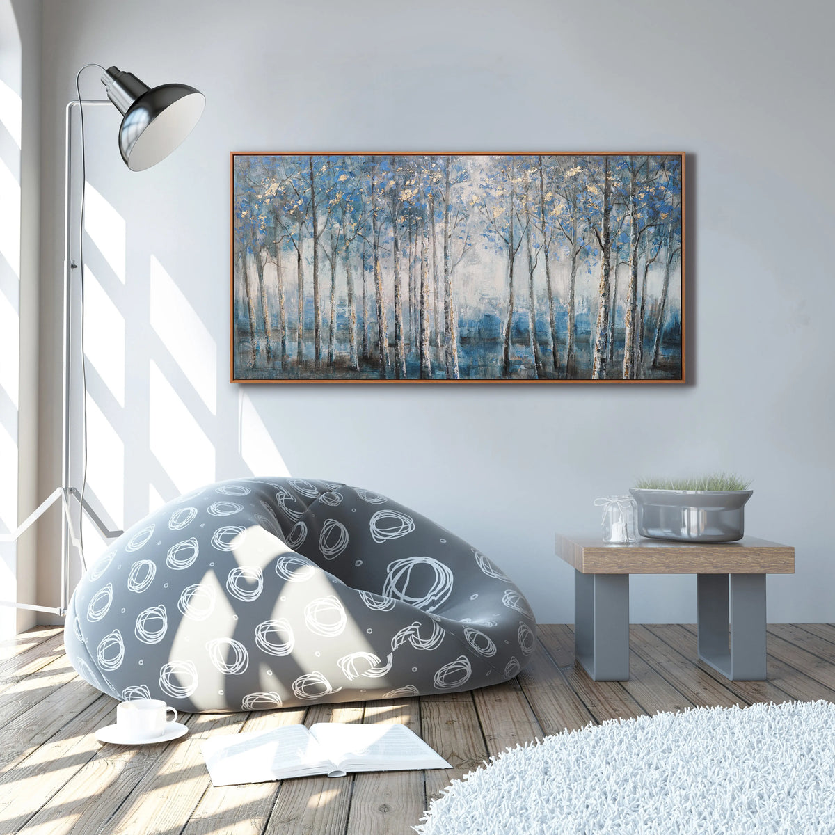Framed Modern Grey Blue and Gold Foil Forest Canvas Oil Painting