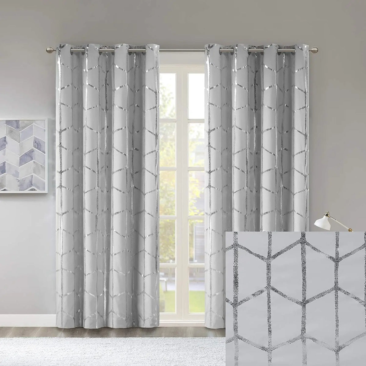 Raina Total Blackout Metallic Print Grommet Top Window Curtain Panel Thermal Insulated Light Blocking Drape for Bedroom Living Room and Dorm 1 Piece