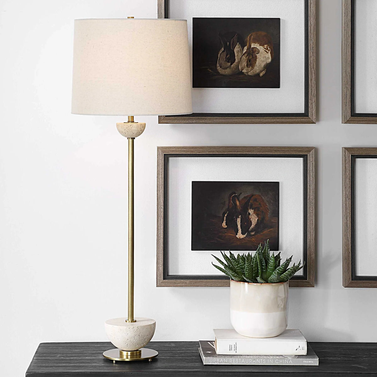 Brass Travertine Buffet Lamp