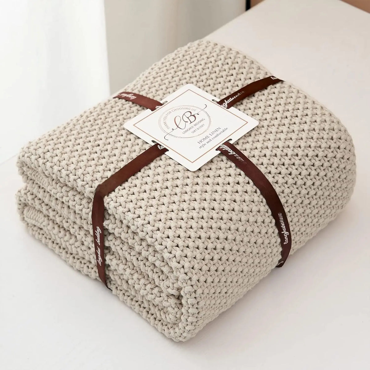 Chunky Knit Throw Blanket Lightweight Beige Cotton Blanket for Sofa Couch Bed , Rustic Shabby Modern Farmhouse, 51 X 63 Give Bag