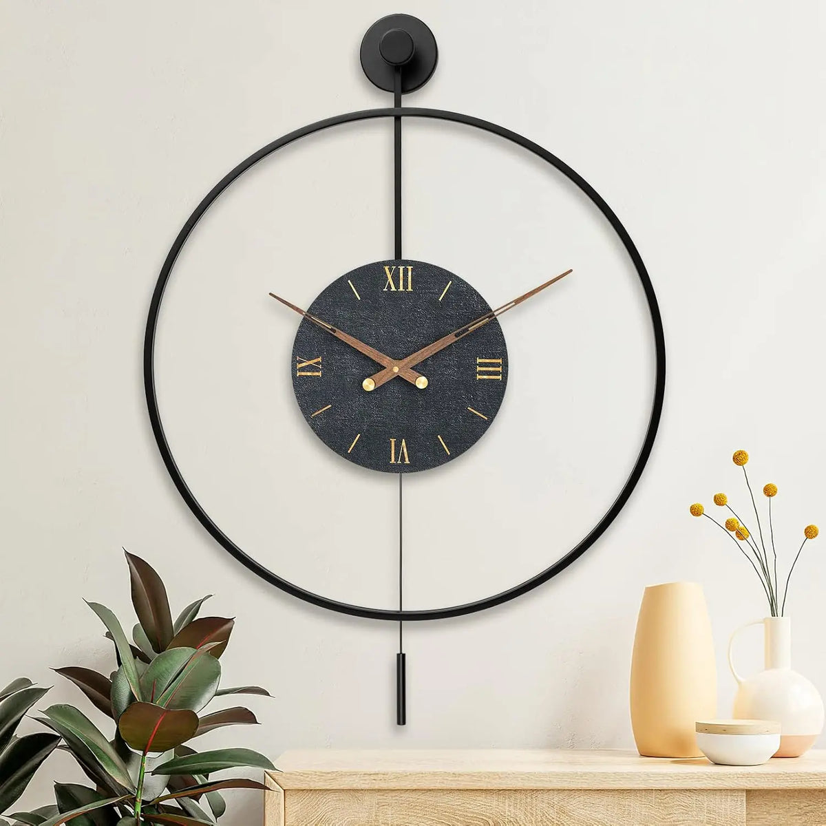 Large Pendulum Wall Clock 24" × 33" | Silent Non-Ticking Quartz Movement, Walnut Hands | Black or Black-Walnut