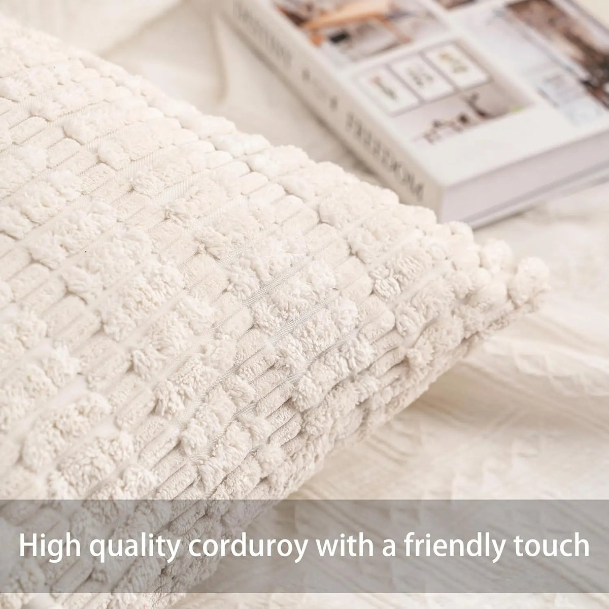 Soft Striped Corduroy Throw Pillow Covers - Set of 2 (18x18 Inch, Cream White)