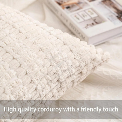 Soft Striped Corduroy Throw Pillow Covers - Set of 2 (18x18 Inch, Cream White)