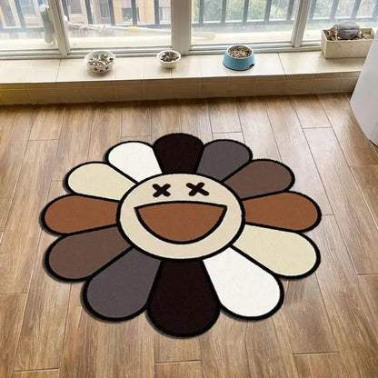 Charming Round Floral Smiling Face Rug - Gothic Decorative Velvet Mat for Living Room, Bedroom & More - Perfect Christmas Gift!