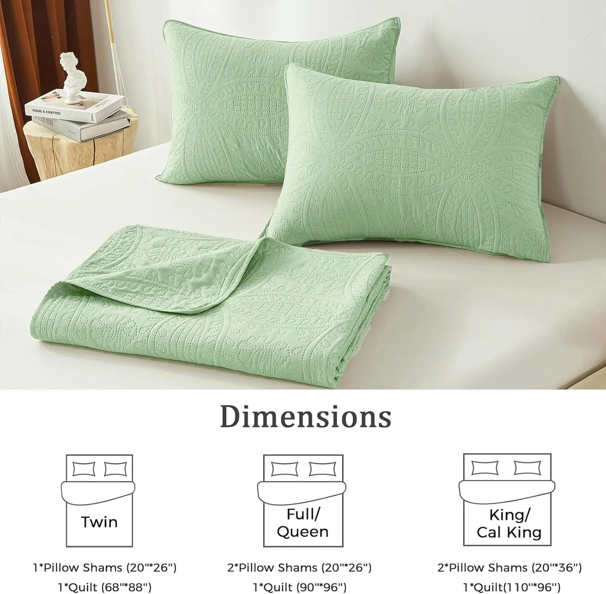 3-Piece Microfiber Bedding Set - Queen Size Light Green Ultrasonic Quilted Bedspread Coverlet, Soft Bedspreads with Coin Patchwork