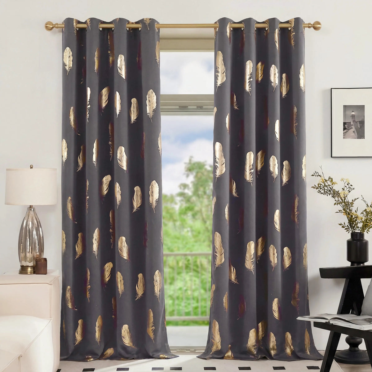 2 Panels of 52"x84" Foil Metallic Printed Grommet Blackout Curtains - Thermal Insulated Drapes for Privacy and Comfort