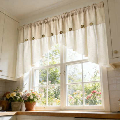 1PC Farmhouse Boho Linen Button Arched Valance Curtains