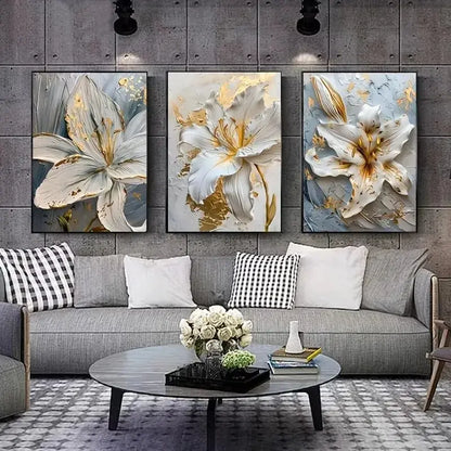 3-Piece Frameless Gold and White Flower Canvas Art Set – Modern Floral 3D Lily Prints for Bedroom and Living Room Decor