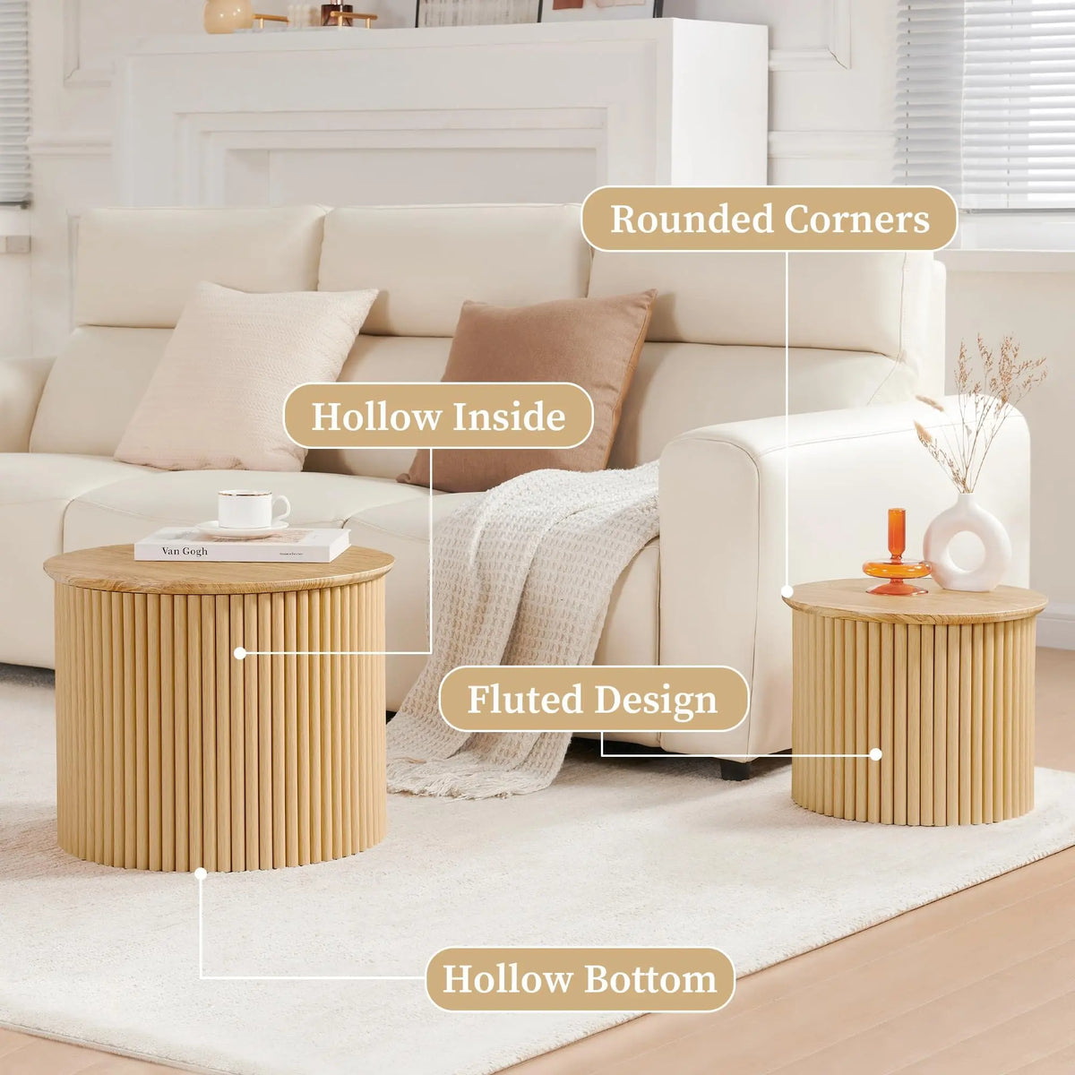 Giratree Small Fluted Round Nesting Coffee Table Set of 2