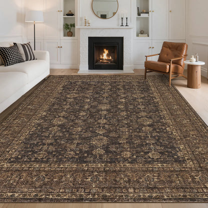 Washable Vintage Distressed Floral Area Rug | Ultra-Thin Low Pile, Non-Slip | Beige, Brown, Blue or Black | Sizes 2×6 to 10×13