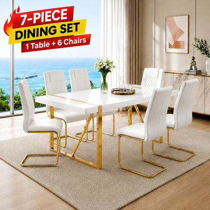 7-Piece Dining Table Set with White Rectangular MDF Table and 6 Leather Chairs