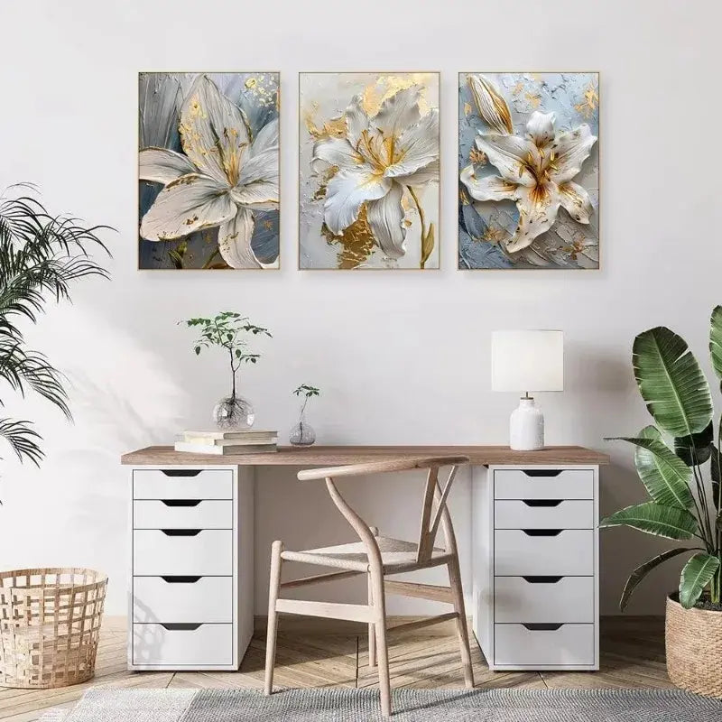 3-Piece Frameless Gold and White Flower Canvas Art Set – Modern Floral 3D Lily Prints for Bedroom and Living Room Decor