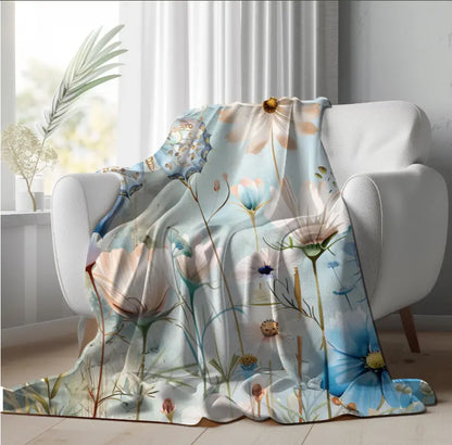 Blue Floral Fleece Butterfly Blanket Blue and White Flower Throw Bed Spread Picnic Blanket Floral Bedspread Nursery Decor Gift Sherpa Fleece