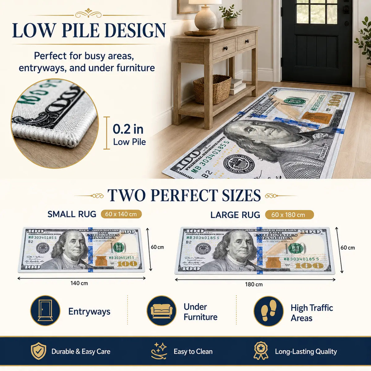 Aisoon 100 Dollar Bill Print Area Rug - Durable, Non-Slip, and Stain-Resistant Indoor Decorative Rug in Two Sizes for Entryways and Bedrooms