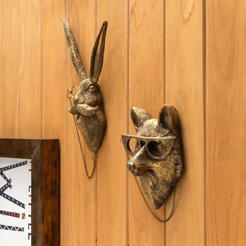 Bronzed Resin Animal Head Wall Sculpture | Faux Taxidermy Mount in Bear, Fox, Rabbit or Mouse