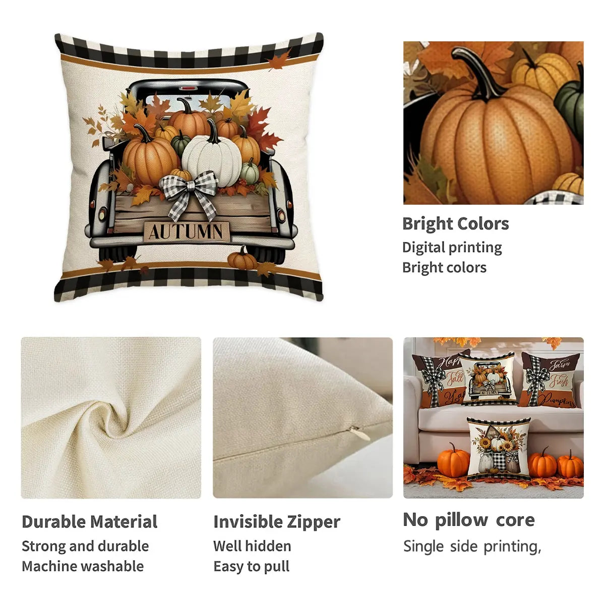 4-Piece Thanksgiving Cushion Covers with Retro Truck and Pumpkin Design