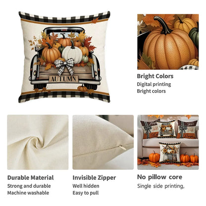 4-Piece Thanksgiving Cushion Covers with Retro Truck and Pumpkin Design