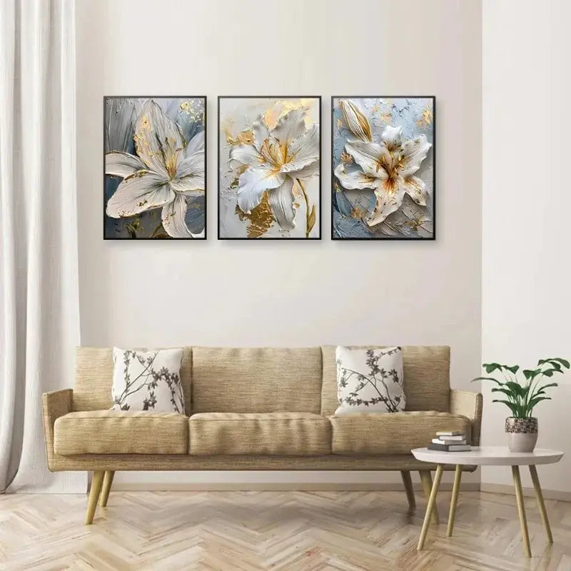 3-Piece Frameless Gold and White Flower Canvas Art Set – Modern Floral 3D Lily Prints for Bedroom and Living Room Decor