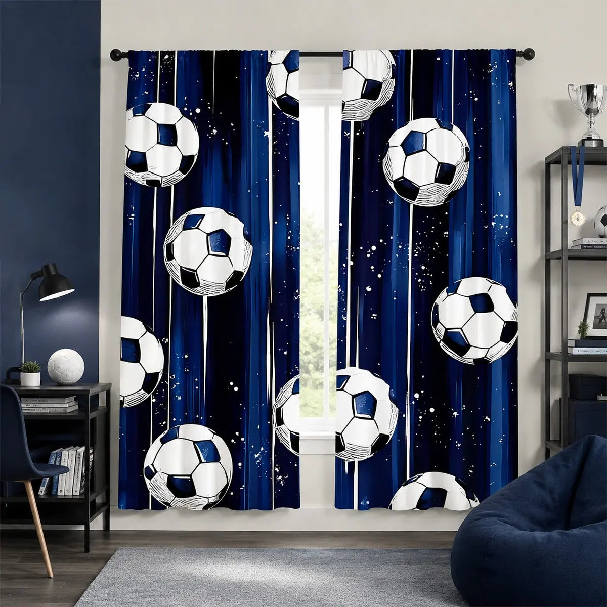2Pcs Blue Soccer Curtains - Thermal Insulated Blackout Drapes with Stars for Boys' Bedrooms and Game Rooms