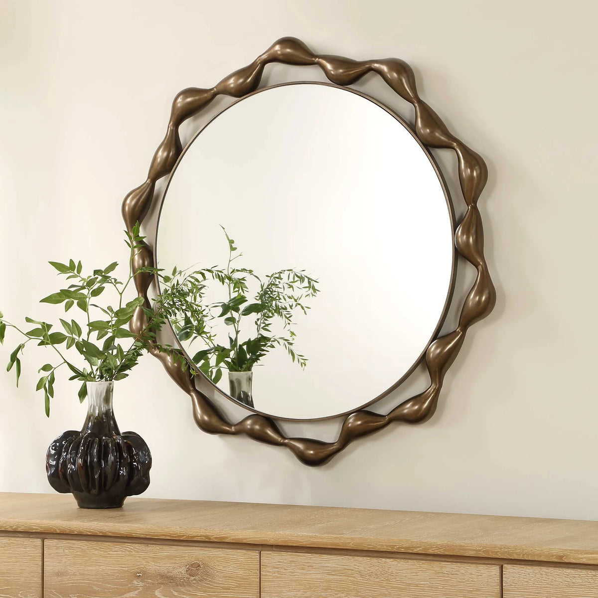 Sculptural Round Bronze Mirror