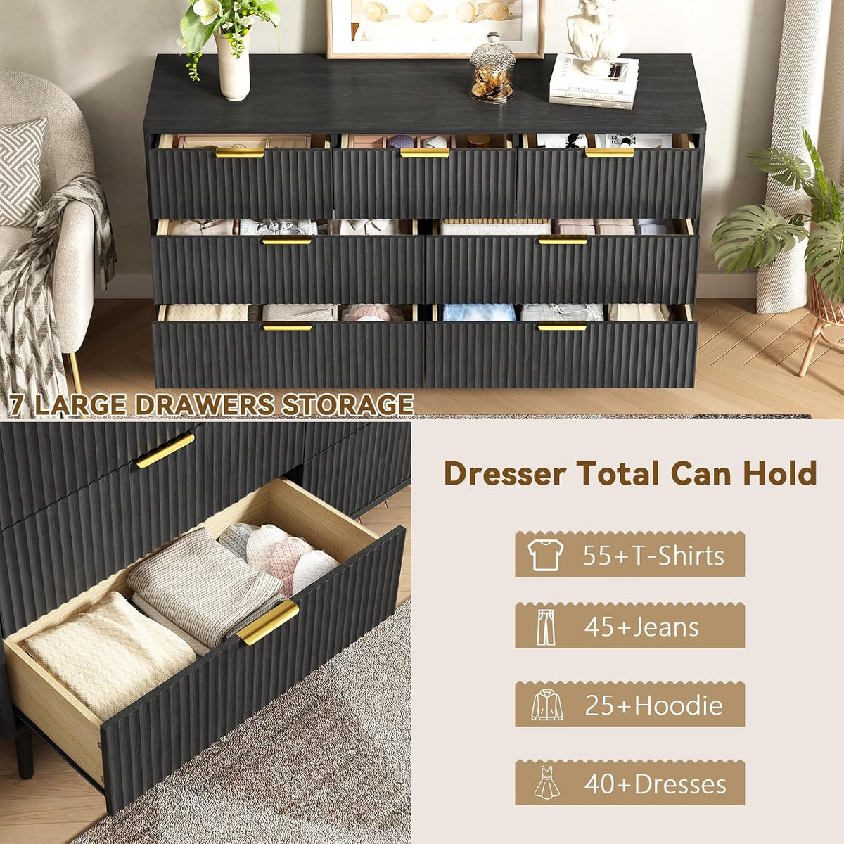 Modern 7 Drawer Dresser in Black with Gold Handles
