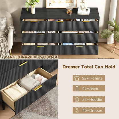 Modern 7 Drawer Dresser in Black with Gold Handles