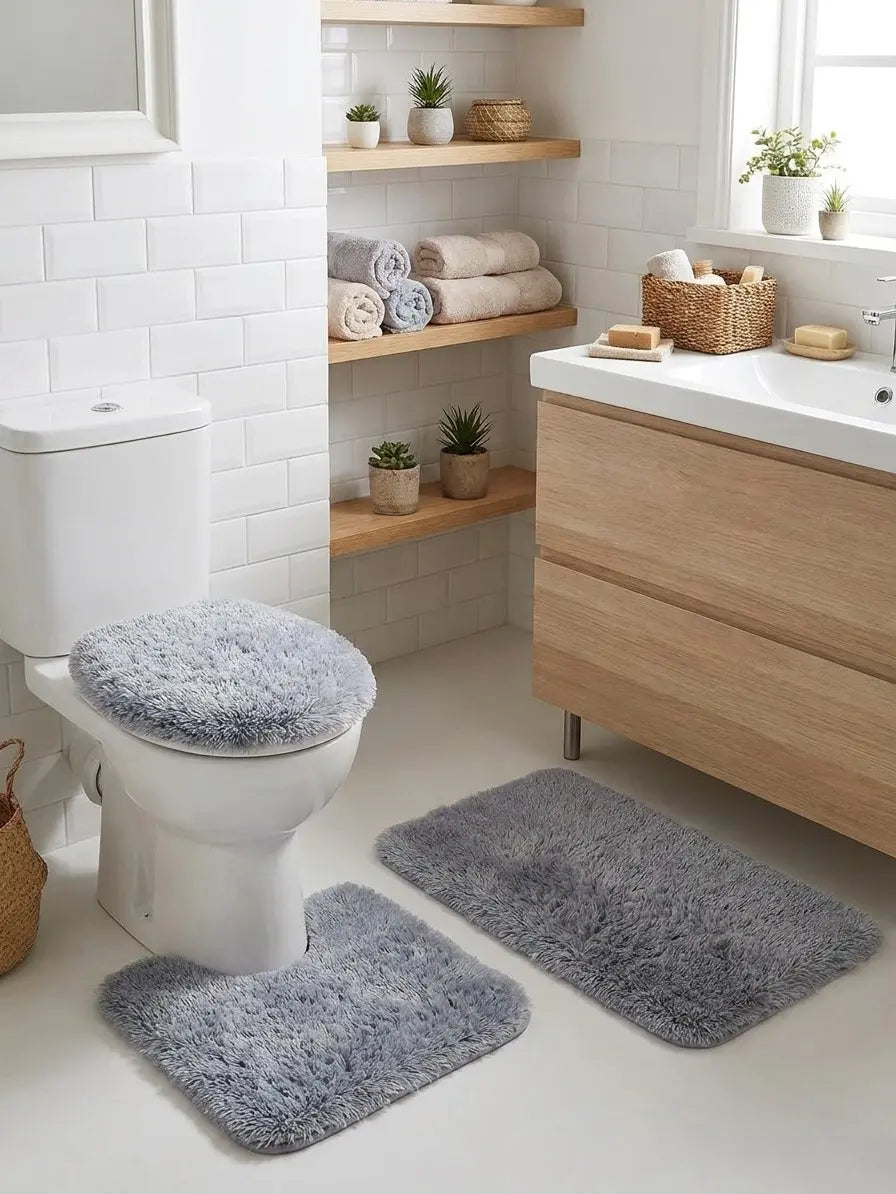 3 Piece Grey Bathroom Rug Set | Soft Bath Mat, Toilet Contour Rug & Lid Cover | Non-Slip Bathroom Mat Set | Washable Bathroom Rugs