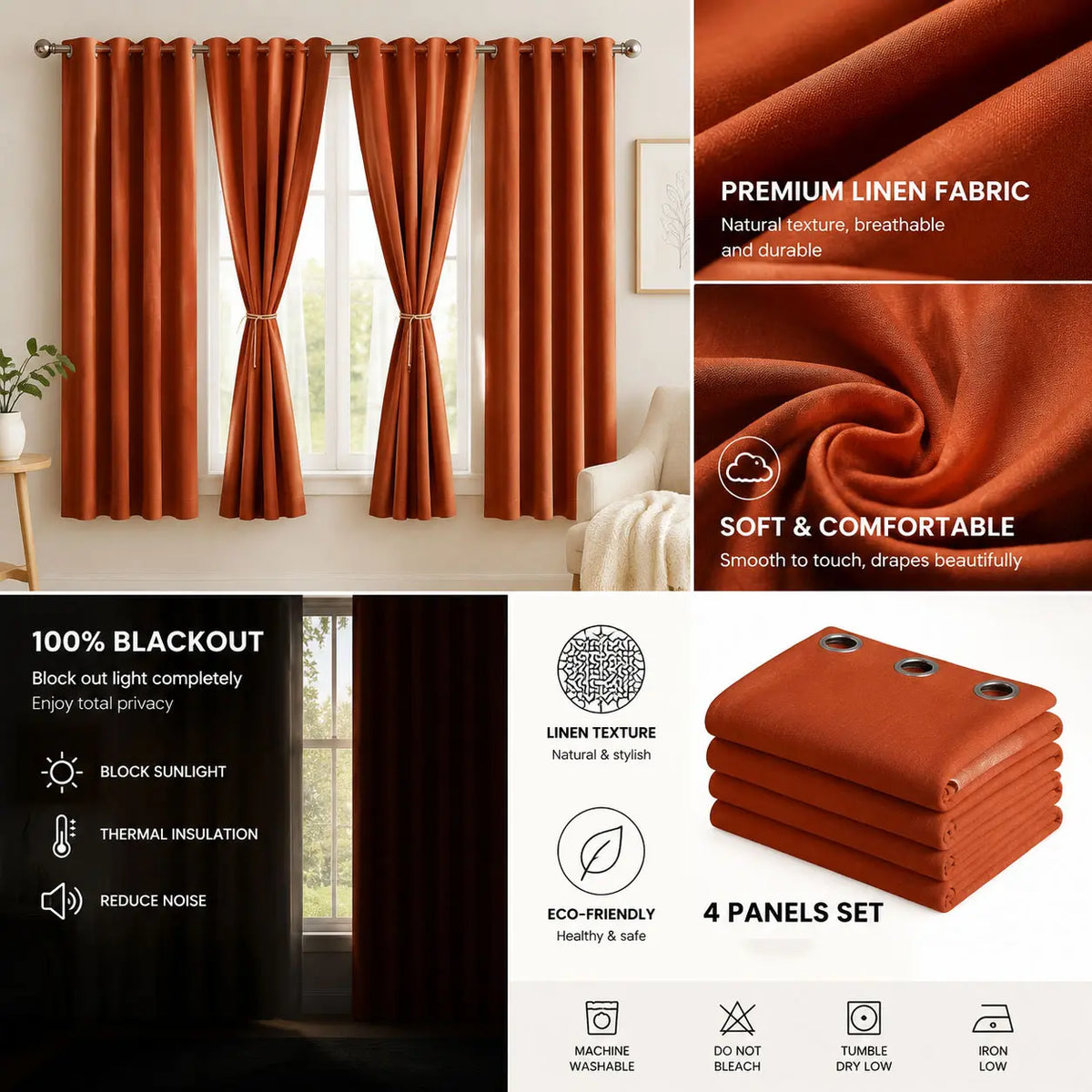 Terracotta Linen Blend Room-Darkening Curtains | Set of 4 Panels, Rust-Proof Grommet Top | Six Sizes to 108"