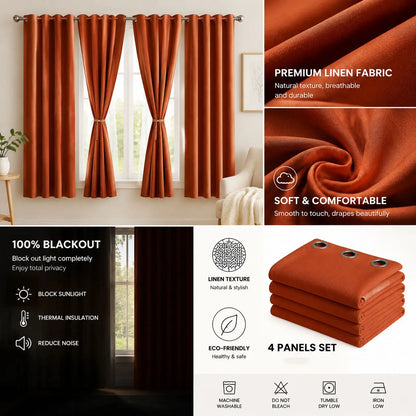 Terracotta Linen Blend Room-Darkening Curtains | Set of 4 Panels, Rust-Proof Grommet Top | Six Sizes to 108"